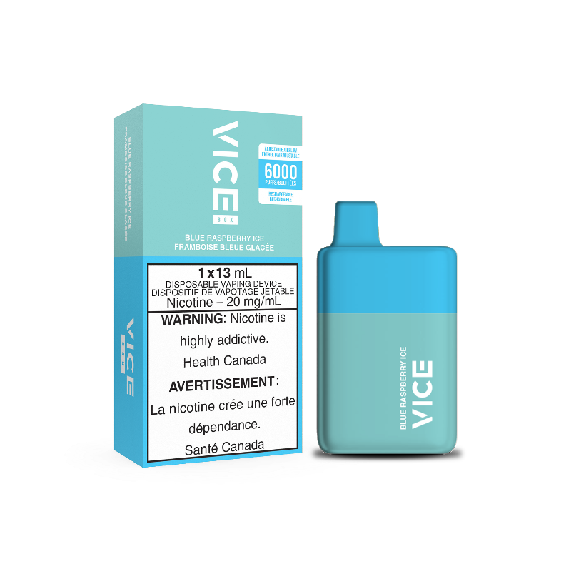 5 BUY AND GET 6TH ONE FREE. VICE BOX BLUE RASPBERRY ICE DISPOSABLE MISTER VAPOR CANADA   Same-day delivery within the zone and express shipping GTA, Scarborough, Brampton, Etobicoke, Mississauga, Markham, Richmond Hill, Ottawa, Montreal, Nova Scotia, PEI, Vancouver,  Vaughan, Toronto, York, North York, London, Kingston, Burlington, Hamilton, Quebec City, Halifax, St. John's, Fredericton, Ontario, Laval, Levis, Brossard, Sudbury, Trois-Rivieres,  Sherbrooke, Barrie, Orillia, Winnipeg, Alberta, B.C AND U.S.A