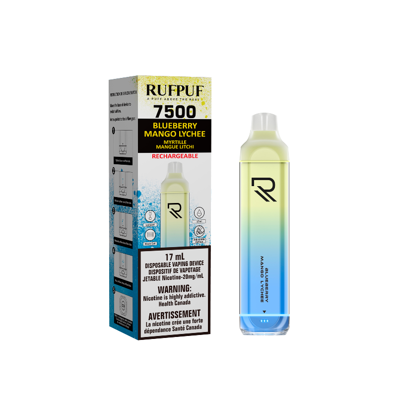 vape store near me RUFPUF BLUEBERRY MANGO LYCHEE DISPOSABLE (7500 PUFFS) mister vapor  Same-day delivery within the zone and express shipping GTA, Scarborough, Brampton, Etobicoke, Mississauga, Markham, Richmond Hill, Ottawa, Montreal, Nova Scotia, PEI, Vancouver,  Vaughan, Toronto, York, North York, London, Kingston, Burlington, Hamilton, Quebec City, Halifax, St. John's, Fredericton, Ontario, Laval, Levis, Brossard, Sudbury, Trois-Rivieres,  Sherbrooke, Barrie, Orillia, Winnipeg, Alberta, B.C AND U.S.A