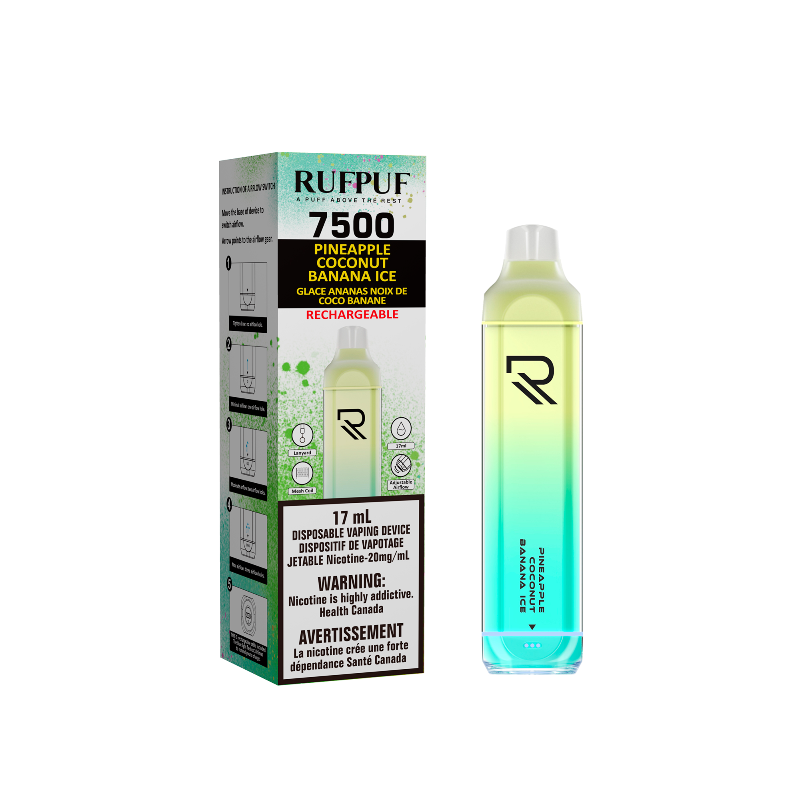 RUFPUF PINEAPPLE COCONUT BANANA ICE DISPOSABLE (7500 PUFFS) Mister Vapor  Same-day delivery within the zone and express shipping GTA, Scarborough, Brampton, Etobicoke, Mississauga, Markham, Richmond Hill, Ottawa, Montreal, Nova Scotia, PEI, Vancouver,  Vaughan, Toronto, York, North York, London, Kingston, Burlington, Hamilton, Quebec City, Halifax, St. John's, Fredericton, Ontario, Laval, Levis, Brossard, Sudbury, Trois-Rivieres,  Sherbrooke, Barrie, Orillia, Winnipeg, Alberta, B.C AND U.S.A