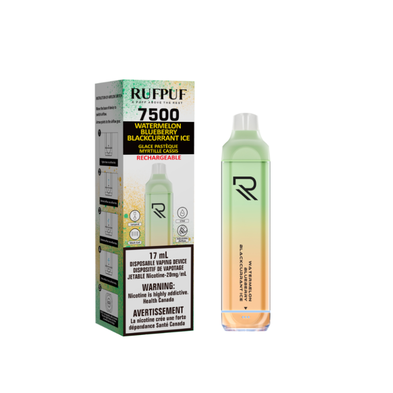 BEST VAPE SHOP RUFPUF WATERMELON BLUEBERRY BLACKCURRANT ICE DISPOSABLE (7500 PUFFS) MISTER VAPOR CANADA