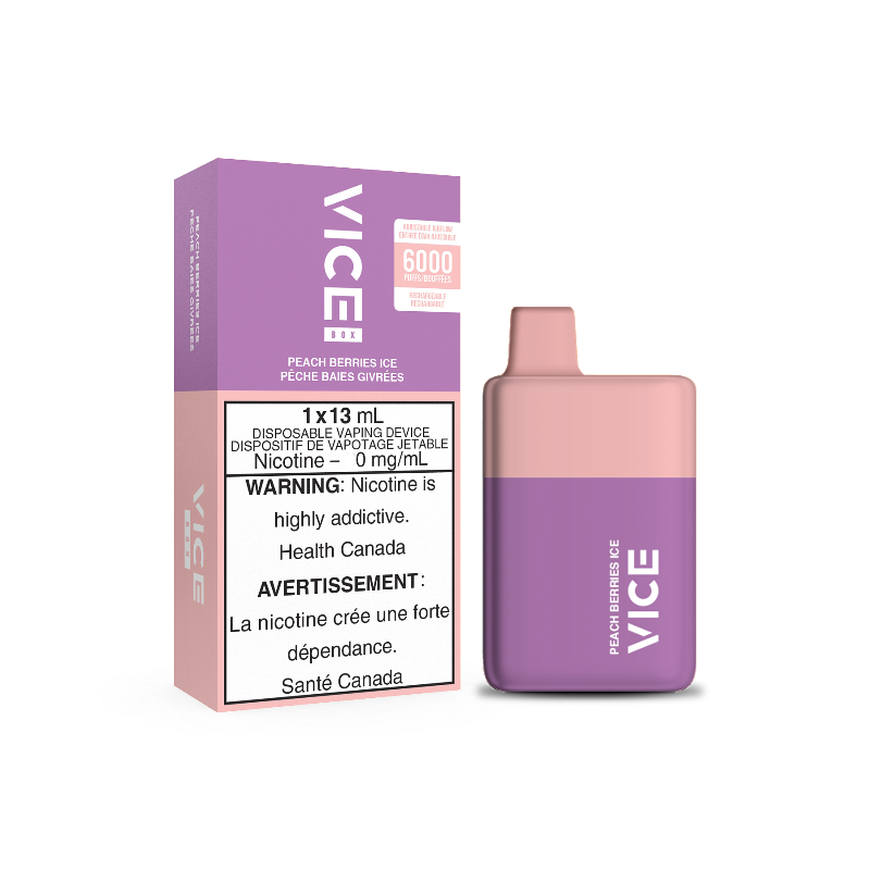 All new Nicotine Free VICE BOX PEACH BERRIES ICE DISPOSABLE MISTER VAPOR CANADA  Same-day delivery within the zone and express shipping GTA, Scarborough, Brampton, Etobicoke, Mississauga, Markham, Richmond Hill, Ottawa, Montreal, Nova Scotia, PEI, Vancouver,  Vaughan, Toronto, York, North York, London, Kingston, Burlington, Hamilton, Quebec City, Halifax, St. John's, Fredericton, Ontario, Laval, Levis, Brossard, Sudbury, Trois-Rivieres,  Sherbrooke, Barrie, Orillia, Winnipeg, Alberta, B.C AND U.S.A